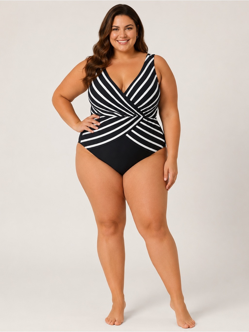 Plus-Size Black and White Striped Twist-Front One-Piece Swimsuit